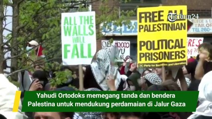 Yahudi Ortodoks memegang tanda dan bendera Palestina untuk mendukung perdamaian di Jalur Gaza
