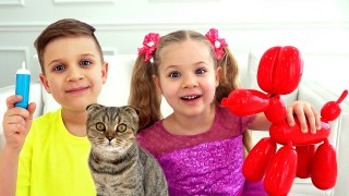 Diana and Roma take care of the cat and new dog balloon dog Squeakee