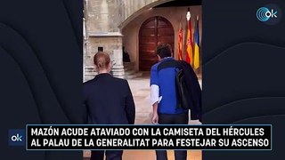 Mazón acude ataviado con la camiseta del Hércules al Palau de la Generalitat para festejar su ascenso