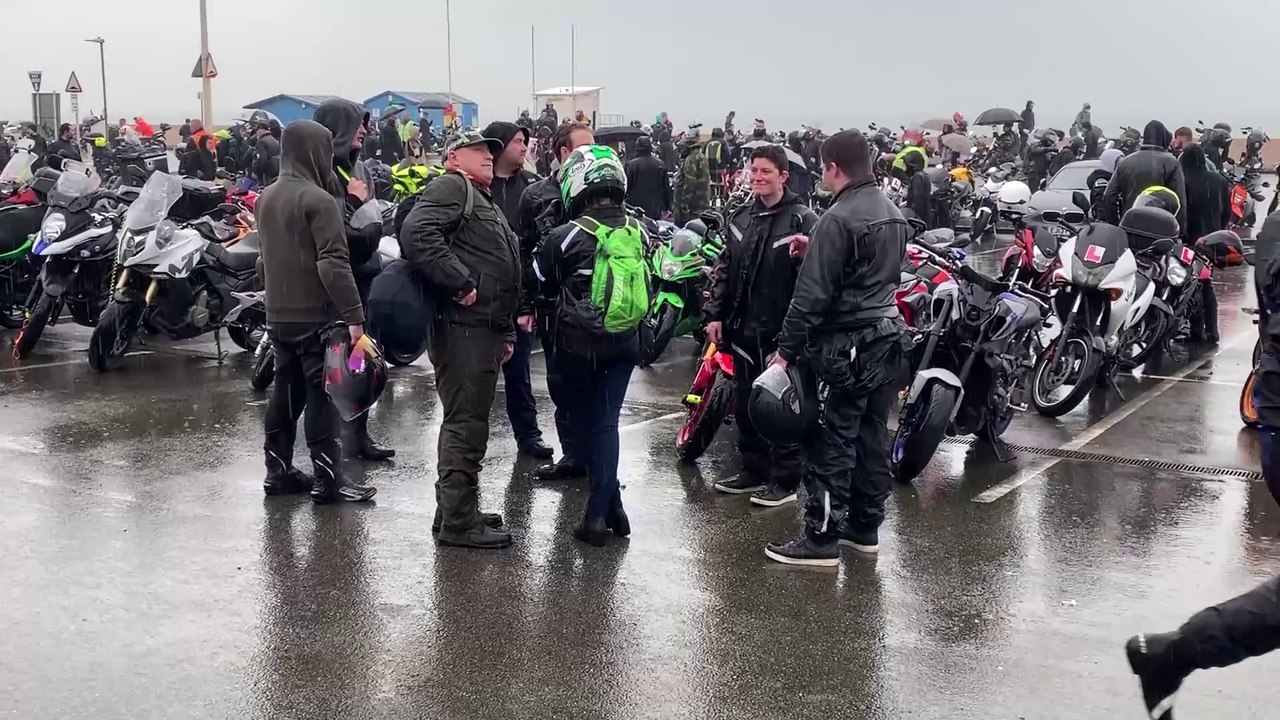 An extremely wet May Day Bike Run 2024 in Hastings, East Sussex, on May