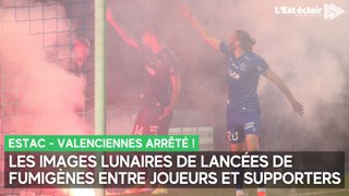 Les images du match Estac-Valenciennes arrêté après des jets de fumigènes