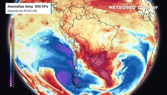 Previsão de anomalia de temperaturas a 850 hPa até quarta-feira (08).