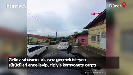 Gelin arabasının arkasına geçmek isteyen sürücüleri engelleyip, cipiyle kamyonete çarptı!