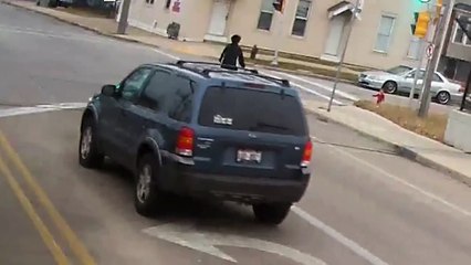 Baby Rhino Charges At Car