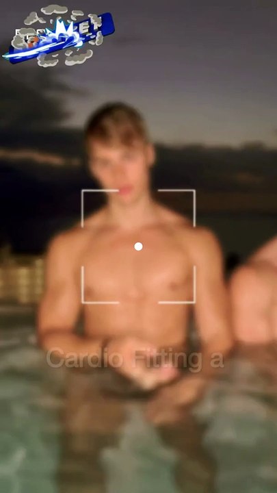 "Bodybuilder having fun at the swimming pool."