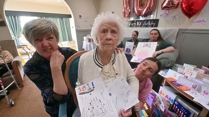101 year old Joan, overjoyed with over 300 birthday cards after the call goes out to get 101 cards.