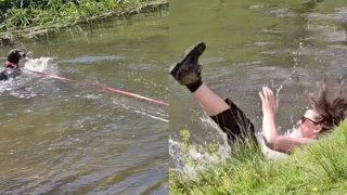 Amusing moment dog owner is pulled into river by excited pet