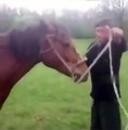 Un gars ivre tente de grimper sur un cheval... pas simple