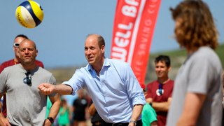 Prince William joins in volleyball game with children on Cornwall beach