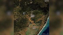 Satélites da NASA capturaram imagens do antes e depois das enchentes na região da Lagoa dos Patos no sul de Porto Alegre