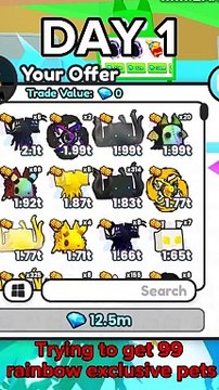 Trying to get 99 rainbow exclusive pets On pet sim 99 Day 1