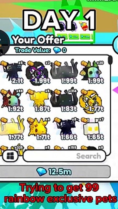 Trying to get 99 rainbow exclusive pets On pet sim 99 Day 1