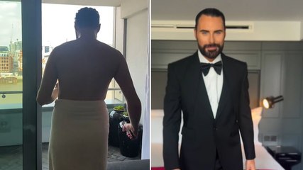Rylan Clark sips champagne wearing a towel as he gets Bafta ready following Eurovision return