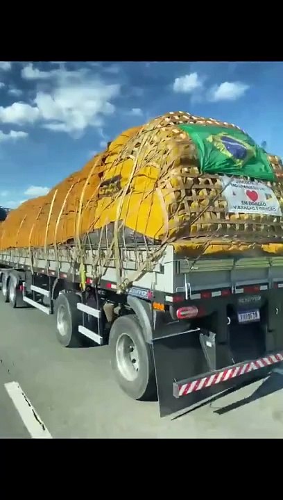 Varios camiones transportando donaciones a Brasil