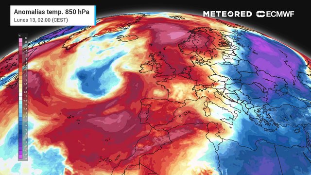 Anomalías de temperaturas a 850 hPa/ 1500 m: los colores azules indican por debajo de lo normal y los cálidos o rojos por encima