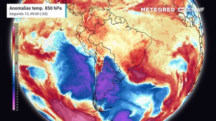Anomalia de temperatura em 850hPa ajuda a observar o deslocamento das massa de ar.