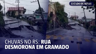 Chuvas provocam desmoronamento de rua em Gramado, Rio Grande do Sul