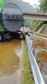 雨天路滑 罗厘撞路堤 回收食油流满地