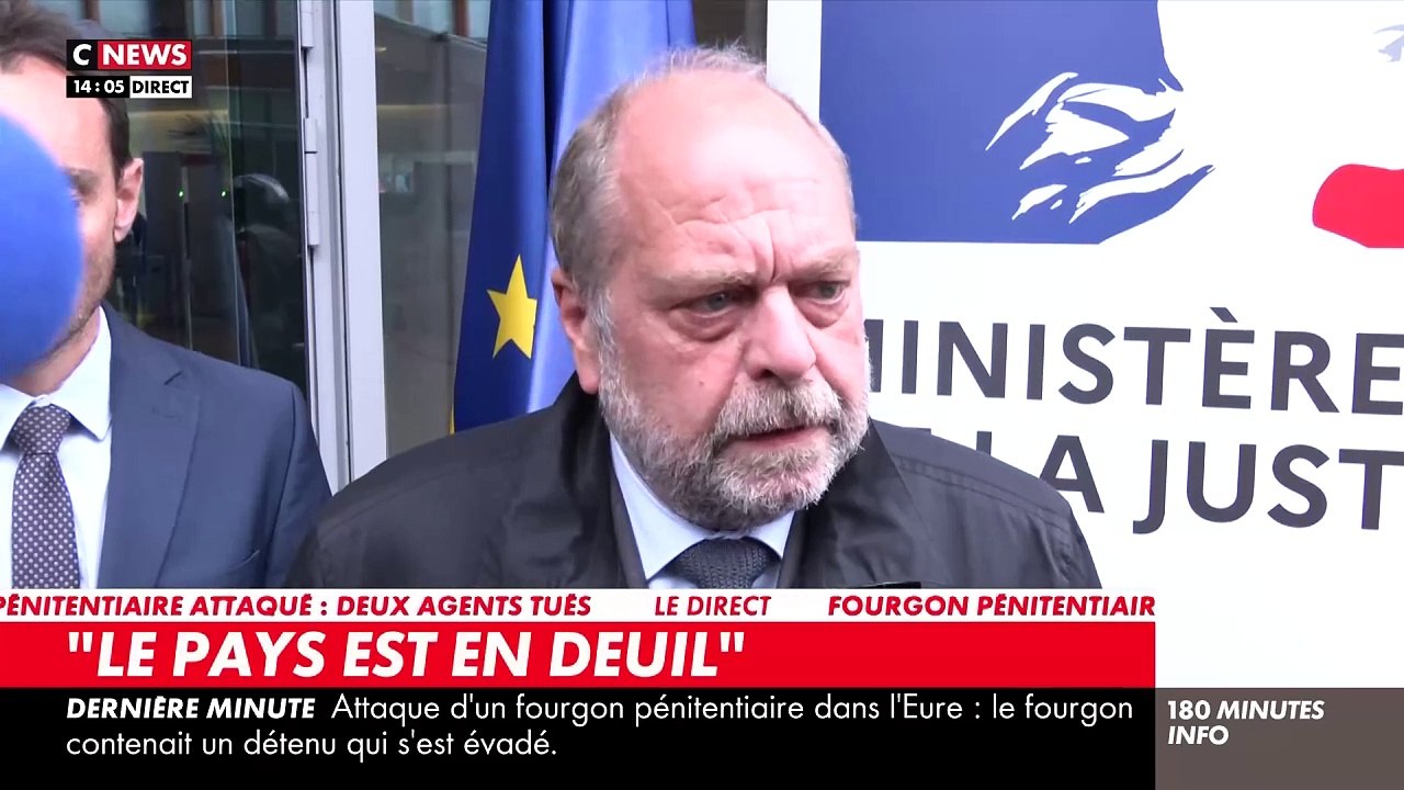 Revoir la prise de parole du ministre de la Justice Eric Dupond-Moretti, ému, après l’attaque d’un fourgon pénitentiaire dans l’Eure : "Notre pays est en deuil" - Regardez