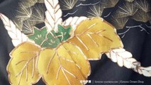 Paulownias & Pine Needles Kurotomesode - Vintage Silk Formal Women's Kimono with Simple Pattern - Hand-Painted Leaves, Pine Trees, Chinese Bellflowers, Wisterias Tomesode