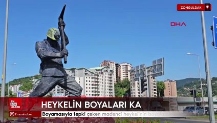 Zonguldak'ta boyamasıyla tepki çeken madenci heykelinin boyaları kazındı