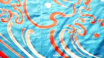 Blue with Hand-Painted Crashing Ocean Waves Hikizuri - Extra Long Vintage Rinzu Silk Performance Kimono - Water Ripples Woven Into Fabric