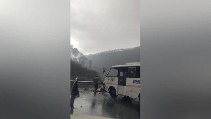 Out-of-control bus crashes head-on with coach on mountain road