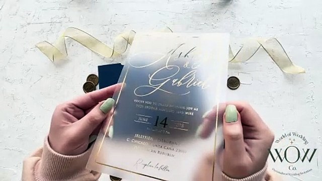 Elegant Acrylic Wedding Invitation with Gold Foil Print and Navy Blue Pocket Envelope - 9235NBG