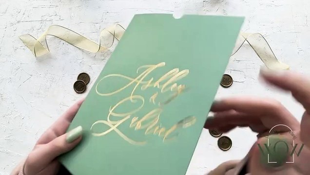 Elegant Acrylic Wedding Invitation with Gold Foil Print and Sage Green Pocket Envelope - 9235SGG