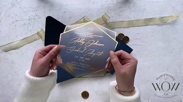 Acrylic Wedding Invitation with Gold Foil Print and Navy Blue Envelope - 1148NBG