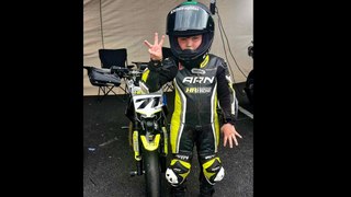 Larne schoolboy Jake (7) takes to the Nutts Corner Circuit for Irish Minibike Championship