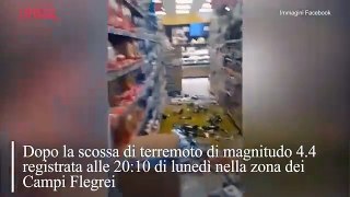 Terremoto Campi Flegrei, i danni in un supermercato a Pozzuoli: la merce a terra