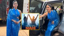 MAHI Girl Janhvi Kapoor Arrives In An Electric Blue Shiny Saree For Film Promotions!
