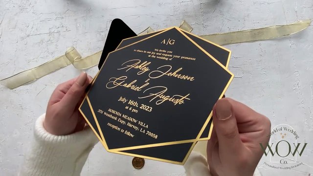 Black Acrylic Wedding Invitation with Gold Foil Print and Black Envelope - 1145BLG