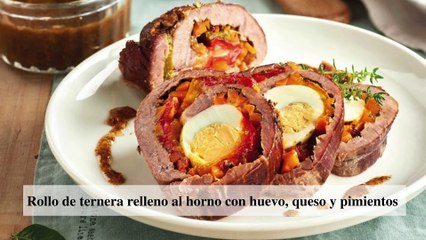 Rollo de ternera relleno de huevo, queso y pimientos
