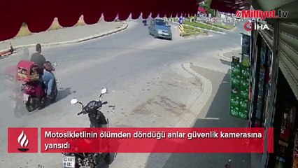 Motosikletlinin ölümden döndüğü anlar güvenlik kamerasında