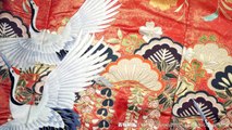Embroidered Cranes with Gold & Pastel Flowers and Butterflies on Red Uchikake - Vintage Silk Wedding Kimono for Women - Traditional Ceremonial Japanese Clothing - Wisterias, Chrysanthemums, Carnations, Pine Trees, Cherry Blossoms