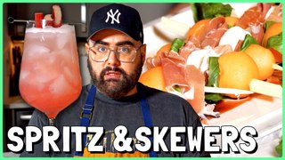 A Refreshing Rhubarb Spritz With Prosciutto, Melon, & Mozzarella Skewers | Kiki Kuisine | Joey Camasta