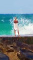 Her funny reactions  on Crazy Sunday at the Haulover Inlet jetty in Bal Harbour, Florida