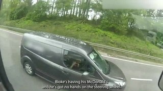 Driver puts on makeup at wheel while another steers with knees as he eats McDonald’s