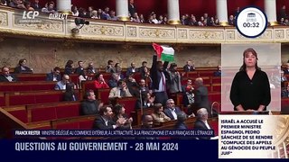 Incident : Un député de la France Insoumise, Sébastien Delogu, se lève et brandit un drapeau palestinien à l'Assemblée Nationale provoquant la suspension de la séance : 