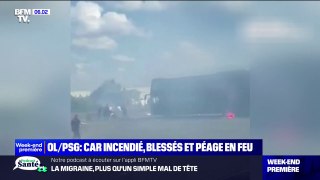 Péage et bus incendiés, bagarre générale, de violents affrontements entre supporters Lyonnais et Parisiens ont eu lieu sur l'autoroute avant la finale de la Coupe de France