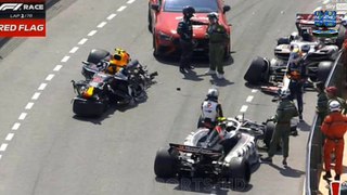 Sergio Perez involved in 'monster' accident on first lap of the Monaco Grand Prix with racing halted after a crash with Kevin Magnussen