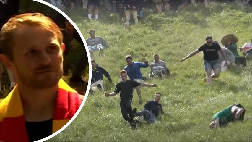 Dylan Twiss has taken home a wheel of Double Gloucester cheese at an annual cheese rolling event in the UK. The Perth man needed five stitches in his knee after chasing the cheese down the hill.