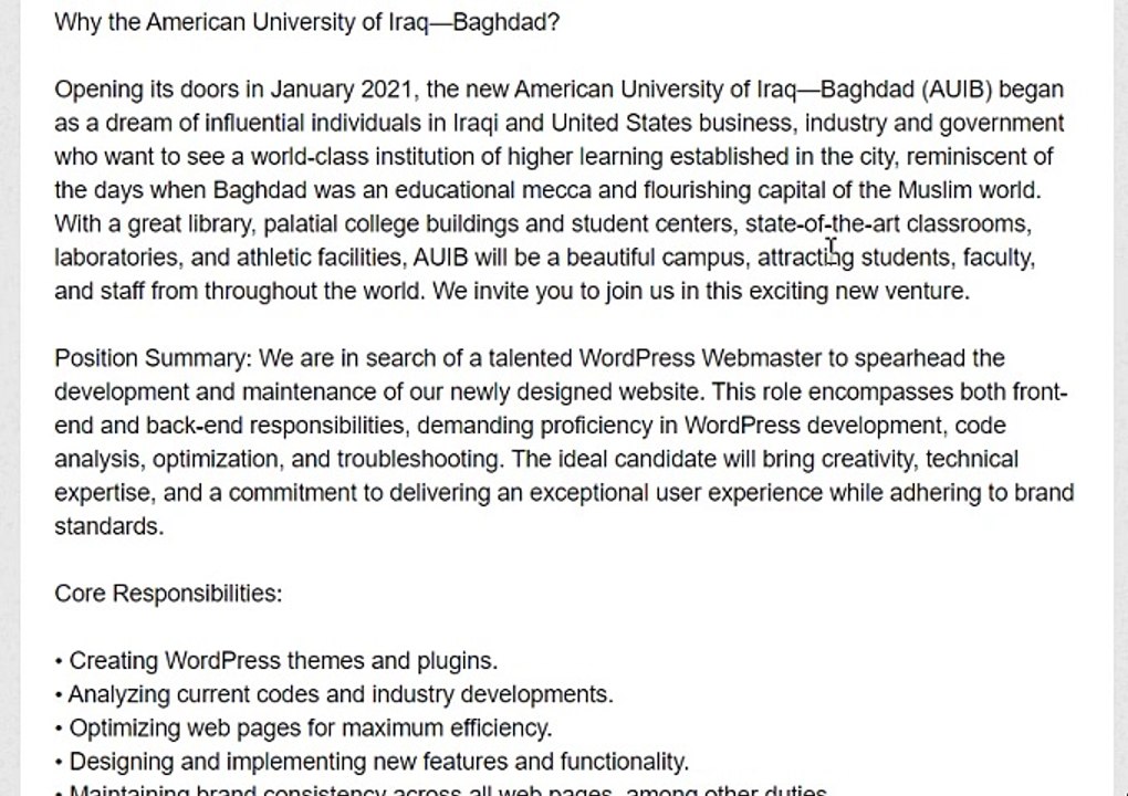 WordPress Webmaster Job in American University of Iraq - Baghdad (AUIB)