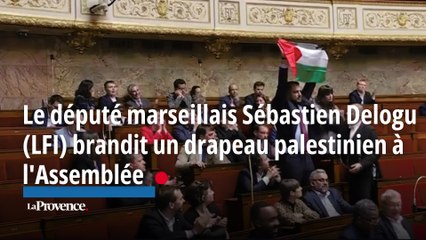 Le député marseillais Sébastien Delogu (LFI) brandit un drapeau palestinien à l'Assemblée