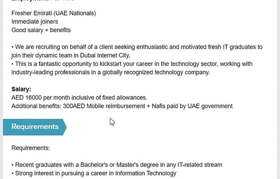 IT Officer - Fresh Graduate (Emirati) Culture Recruitment Dubai, UAE Employment: Full Time Fresher Emirati (UAE Nationals) Immediate joiners Good salary + benefits
