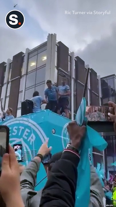 Manchester City Star Nearly Falls From Bus During Trophy Celebrations