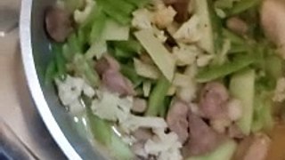 Chop suey with chicken gizzard, chayote, green beans, cauliflower, selecta milk