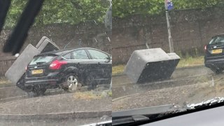 Dopey driver tries - and fails - to carry sofa on top of car